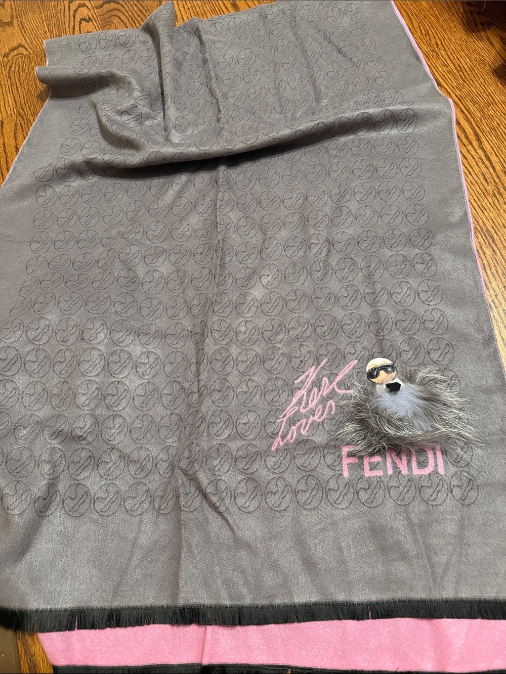 Karl Lagerfeld taupe and pink logo jacquard scarf with fur charm